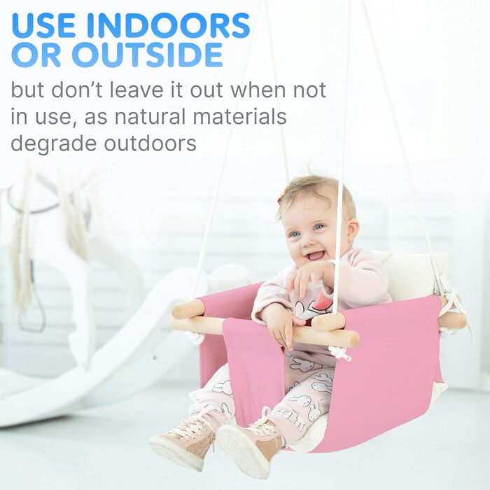 Дитяча гойдалка Cateam з дерева для дому та саду. Безпечний ремінь, від 12 місяців. Різні кольори, рожева.