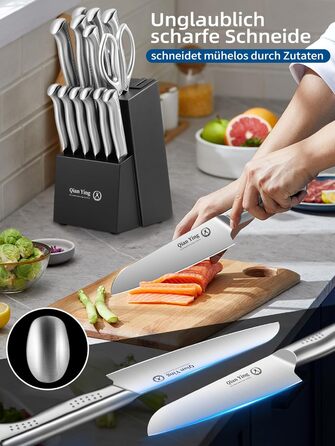 Набір кухонних ножів 14 предметів у блоці: кухонні ножі, ніж кухарський, шліфувальник, подарунок мамі. Білий набір ножів