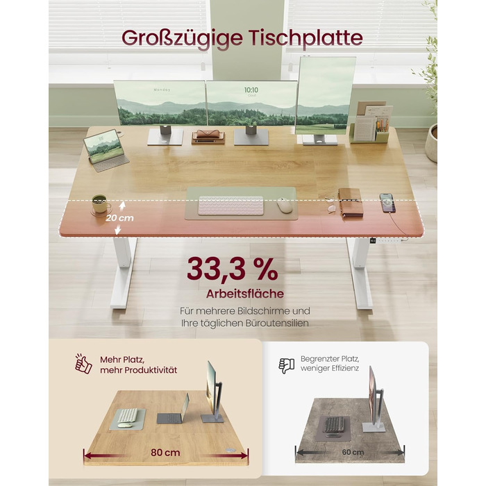 Стол для роботи VASAGLE з регулюванням висоти, USB-C, підставка для розеток, стоячий стіл, нагадування про перерви, 3 пам'яті, 160x80 см, золотий дуб