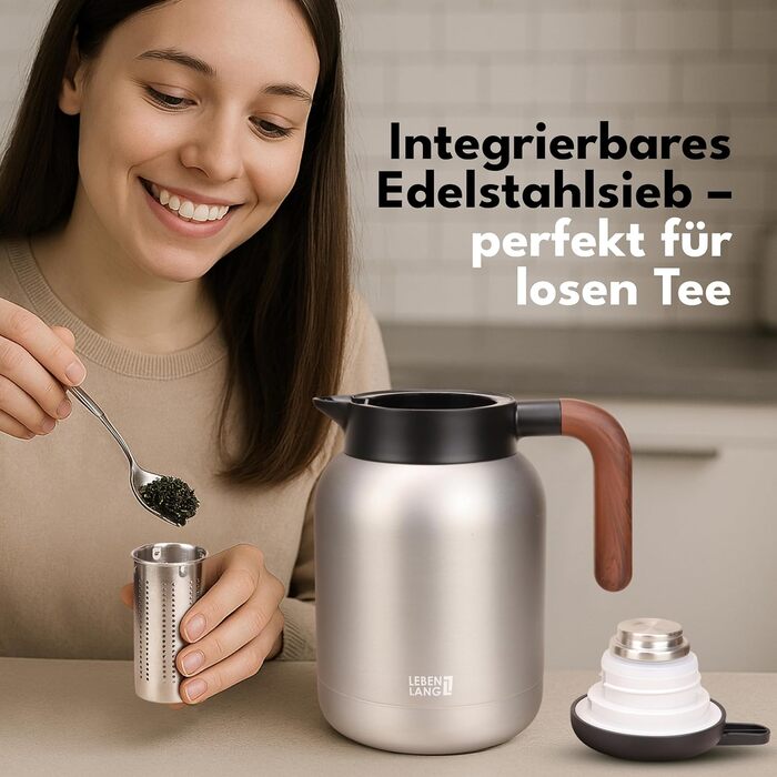 Термос LEBENLANG 1,5L з керамічним покриттям - з ситом для чаю | 24 години зберігає тепло | Термокана для кави та чаю | Сріблястий