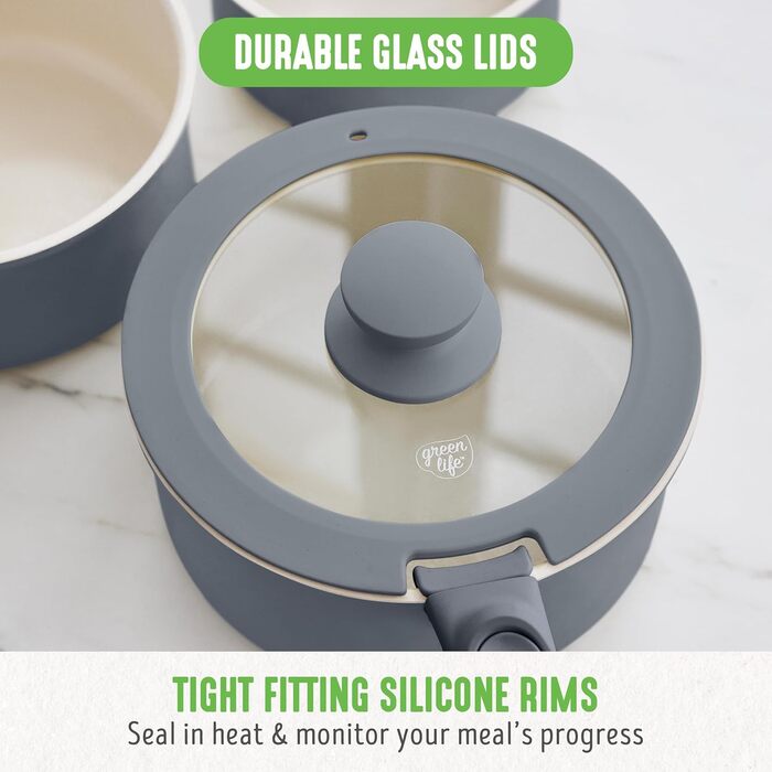 Набір посуду GreenLife 10 предметів з антипригарним покриттям, знімні ручки, складаний посуд, антитоксичні, без PFAS сковороди, індукційні каструлі та сковороди, економія місця, сервіровочні миски (Сірий (Графіт//Nature's Delight))