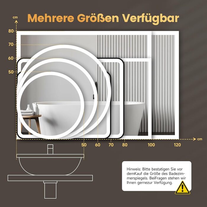 Дзеркало для ванної кімнати YOLEO з підсвічуванням, 70 см, LED, Bluetooth, сенсорне управління, захист від вибухів, 3 кольори світла, регулювання яскравості, антизапарник