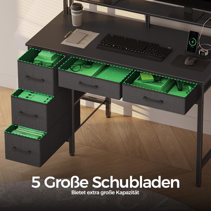Комп'ютерний стіл Seventable з розетками та LED-підсвічуванням, 100 см, ігровий стіл з 5 ящиками та підставкою для монітора, для офісу, робочого кабінету, спальні, вітальні, чорний
