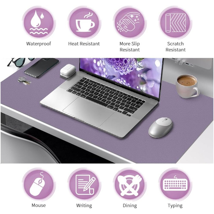 Килимок для столу та миші XXL Niviy (80x40 см), водонепроникна підкладка зі штучної шкіри PU, захисний килимок для офісу та дому, лавандовий