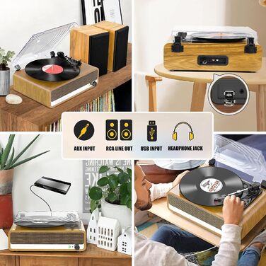 Вініловий програвач Udreamer з Bluetooth, динаміками, USB, AUX, RCA, навушниками, 3 швидкості, ремінний привід, дзеркальний дизайн, золотий, вінтажний стиль