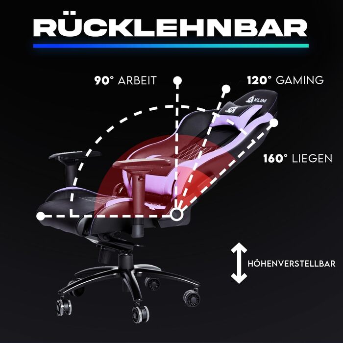 Ігровий крісло KLIM Esports з 4D підлокітниками, 170 кг, регульована спинка, ергономічний дизайн з подушками для голови та попереку, тихі колеса (фіолетовий)