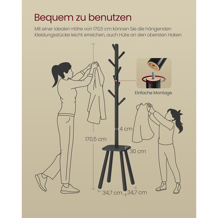 Стійка для одягу VASAGLE з 8 гачками та полицею, 170,5 см, чорний колір, RCR033B01