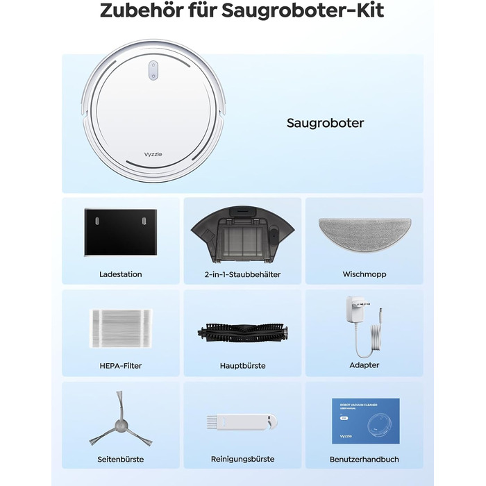 Робот-пилосос Vyzzle 5000Pa з функцією миття, LDS-навігація, D10, керування через додаток/Alexa, для шерсті тварин, килима, твердих підлог, білий