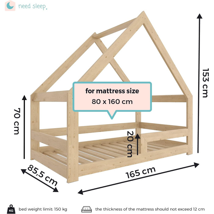 Потрібне ліжко Sleep House Floor Bed 80x160 см із захистом від випадання та симетричним димоходом