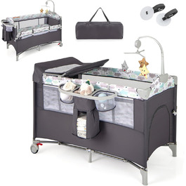 Дитяче ліжко-манежа Dreamade 120 x 60 см з колесами, 4 в 1: ліжко, манежа, пеленальний столик, туристичне ліжко для новонароджених (Сірий)