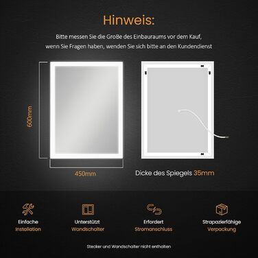 Дзеркало для ванної кімнати EMKE з підсвічуванням 120x60 см, антизапар, кнопка, тепле/холодне світло, IP44, енергозберігаюче