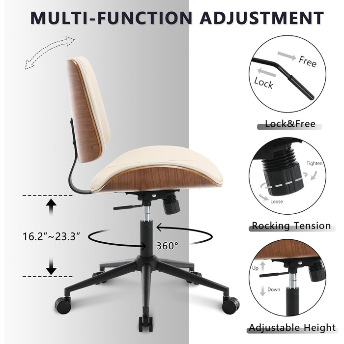 Крісло для офісу BERYTH з натурального горіха, без підлокітників, PU-шкіра, бежеве, поворотне на 360°, з функцією гойдання, регульоване по висоті, для офісу, переговорів, кабінету