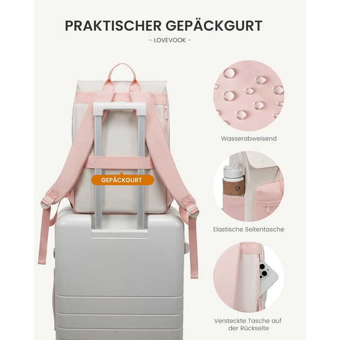 LOVEVOOK Рюкзак для жінок, легкий шкільний рюкзак для підлітків з відділенням для ноутбука 15.6 дюймів, жіночий рюкзак для навчання, подорожей, роботи (M-15.6 дюймів, Рожевий + Бежевий)