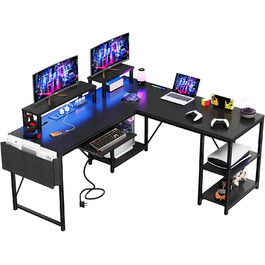 Ігровий стіл Flamaker L-подібний 140x140 см з RGB LED, підставка для монітора та полиця | 2 розетки + 2 USB-порти (вуглецеве волокно, чорний матовий)