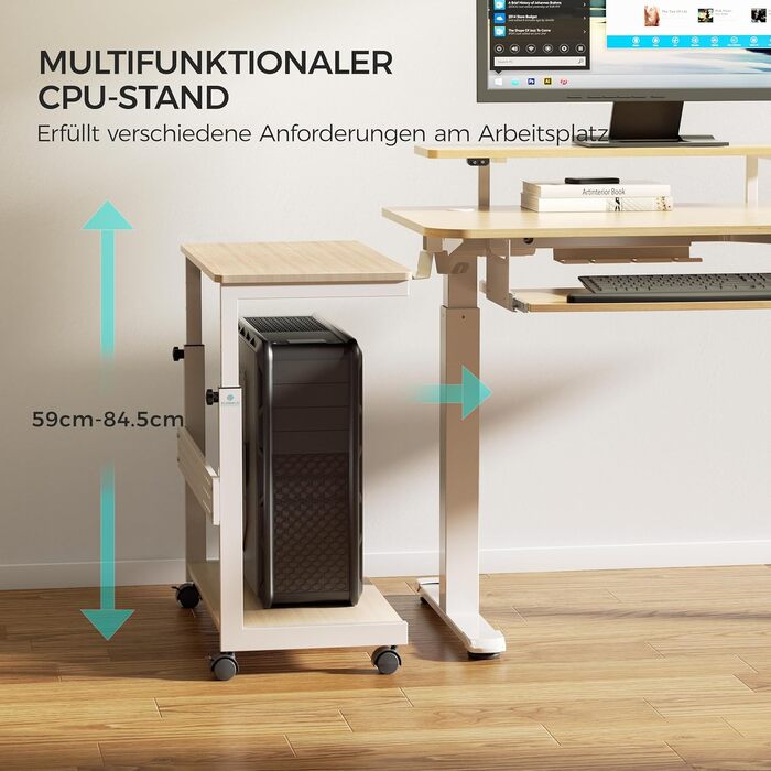 Підставка для комп'ютера EUREKA ERGONOMIC: регульована висота, ATX, для CPU, під стіл, з коліщатками та підкладкою для миші (колір: горіх)