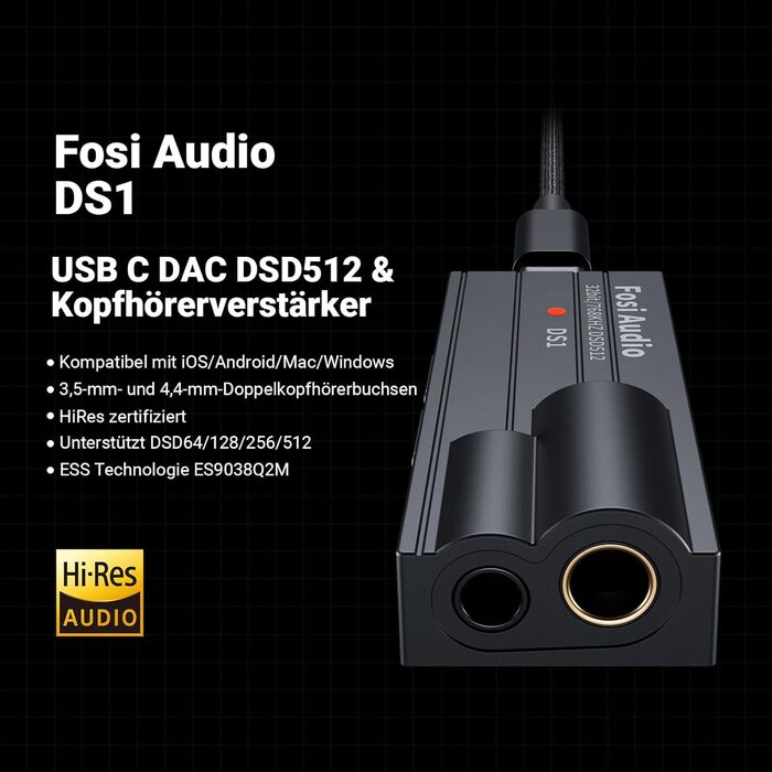 Портативний підсилювач для навушників ЦАП Fosi Audio DS1, ES9038Q2M, PCM 32 біт/768 кГц і DSD512, 3,5 мм/4,4 мм