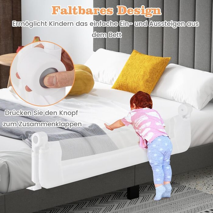 Бортик для ліжка COSTWAY складаний, захисний бар'єр для ліжка з регульованими ременями, швидке складання в один клік, захист від випадання для батьківських та дитячих ліжок (Сірий, 120x42 см)