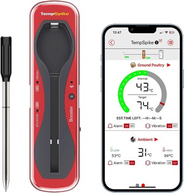 Термометр для м'яса ThermoPro TempSpike бездротовий 150 м Bluetooth Термометр для гриля IP67 Термометр для смаження м'яса Термометр для духовки Гриль Коптильня Гриль Роттердам Фритюрниця Безпечний для миття в посудомийній машині (Червоний)