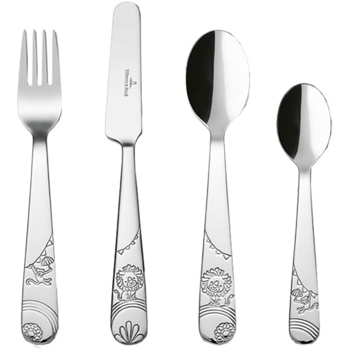 Дитячий набір столових приборів Villeroy & Boch Boho Kids 'Roar like a lion' (4 шт.) з нержавіючої сталі, сріблястий/платиновий, придатний для миття в посудомийній машині