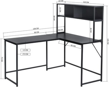 Комп'ютерний стіл Homy Casa з полицями, L-подібна форма, кутовий стіл, столик для ноутбука для дому, офісу, спальні, 138 x 110 x 74,5 см, чорний