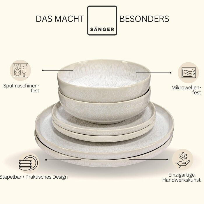 Набір посуду SÄNGER Korfu 24 шт. для 8 осіб: тарілки, супи, десертні, з каменю, ручної роботи, кремового кольору з пісочною текстурою