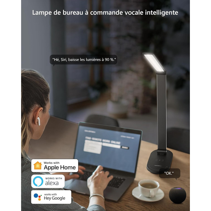 Світлодіодна настільна лампа VOCOlinc 10 Вт бездротова, сумісна з HomeKit/Alexa/Google, затемнення, таймер, DL2202