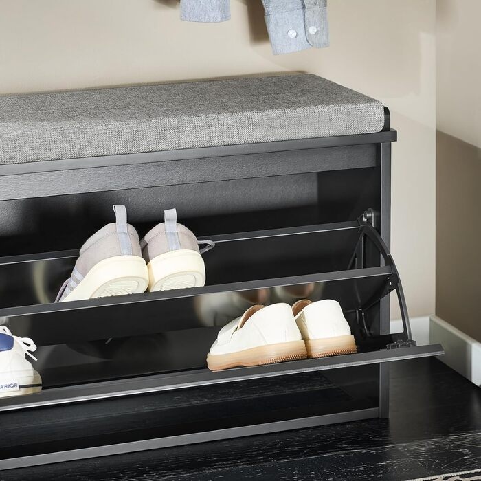 SoBuy Взуттєва шафа з 2 відкидними кришками, вузька, з 4 полицями, білий колір, розмір 61x100x26 см, FSR165-W, з довгою лавкою, чорний колір