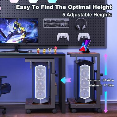 Регульована підставка для комп'ютера Tower з 2-ярусним корпусом ATX, підлоговий стійк, стійка для 3D-принтера з полицями, фіксуючі колеса, сумісна з більшістю комп'ютерів (темно-коричневий, W44 x D30 x H44-59.5cm)