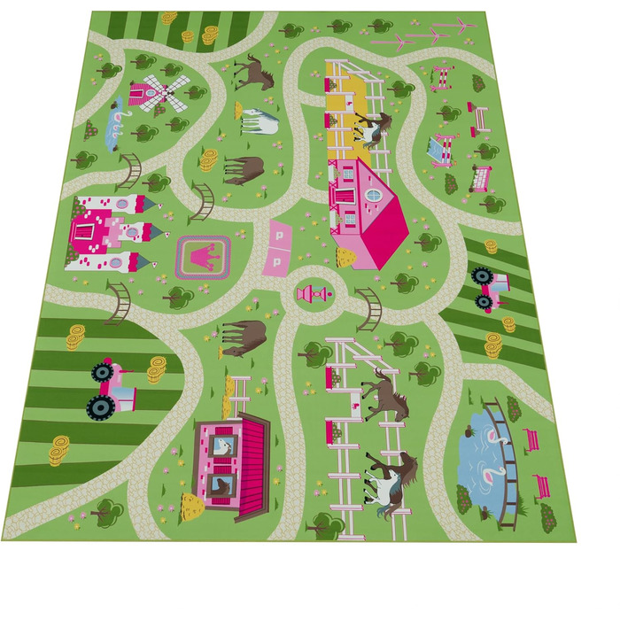 Дитячий килимок Paco Home для дитячої кімнати, ігровий килимок з пейзажем і конячками нековзний зеленого кольору, розмір 140x200 см 140x200 см Зелений