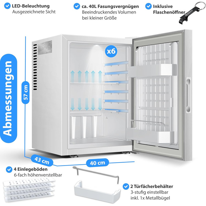 Міні-холодильник KESSER® 40L з дверцятами зі скла: ідеальний для кемпінгу, офісу, спальні, готелю, кухні. Безшумний, з можливістю зміни дверцят, внутрішнім освітленням та відкривачем для пляшок. Білий.