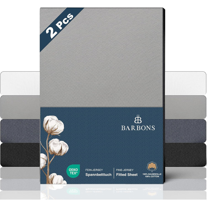 Простирадло BARBONS Premium Fitted Sheet 160x200 см сертифіковане Oeko-TEX, 100 бавовняне простирадло, трикотажне простирадло, простирадло, висота матраца до 25 см ( 160x200 2 шт. ) (Простирадло 180x200 см (2 шт. ), світло-сірий)