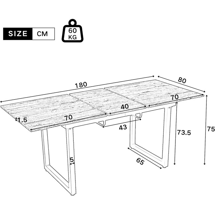 Розсувний обідній стіл Merax, 140/180x80x75 см, білий, металеві ніжки