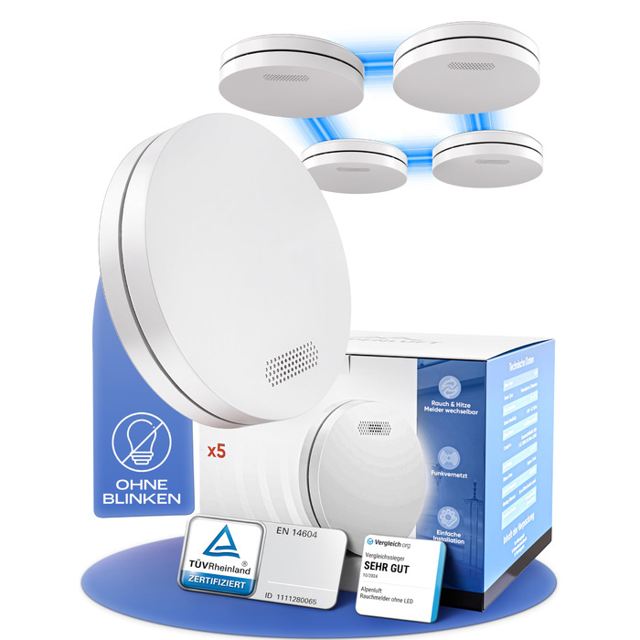 Датчик диму та тепла Rauchmelder Funk Vernetzt 5шт. Без дріфелю, без свердління, радіус дії - 10 років, комплект