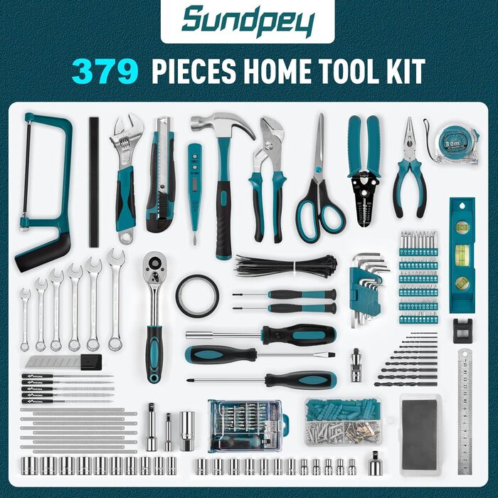 Набір інструментів Sundpey 379 предметів в кейсі з висувним ящиком, універсальний набір для дому та ремонту, синій