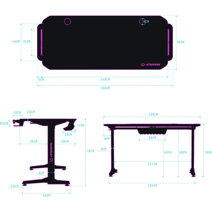 Ігровий стіл ULTRADESK FRAG V3 LED RGB, місце для 2 моніторів, сталь, 150x60 чорний (зелений світлодіод)