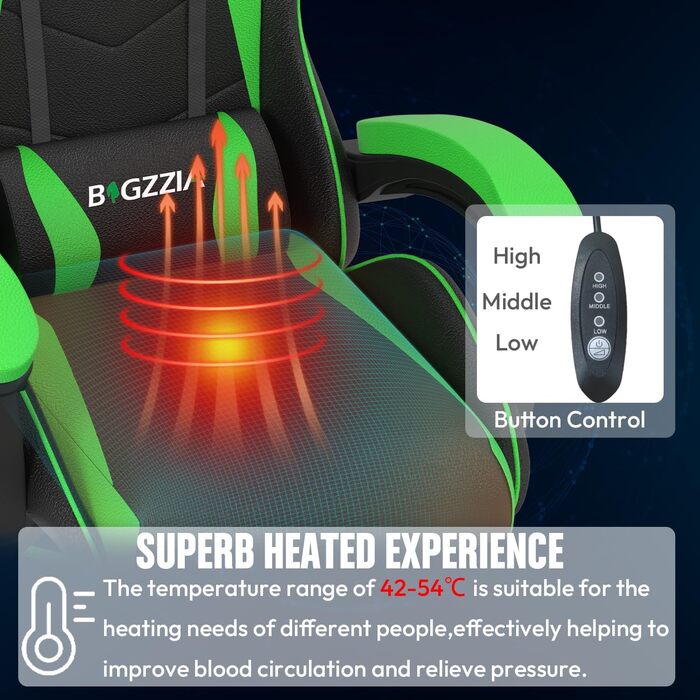 Ігровий крісло Bigzzia з підігрівом, зелений, регульована спинка 90-135°, ергономічний дизайн з підголівником та підлокітниками, дихаючий матеріал, для підлітків та дорослих
