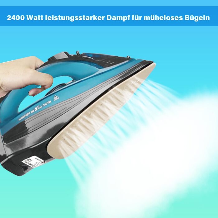 Парове прасування без дротів 2400 Вт: бездрове прасування з керамічною підошвою, вертикальне прасування, захист від накипу, самоочищення та резервуаром для води. Колір: блакитний