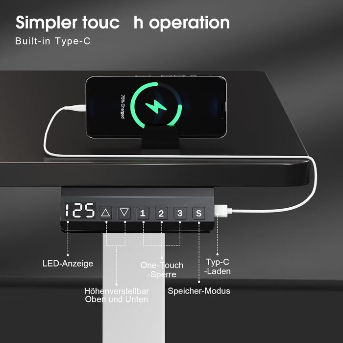 Електричний столик для роботи JUMMICO, 180x80 см, з регулюванням висоти, dualmotor, 100 кг, з кабелеуправлінням, 3 пам'яті висоти, USB-C, для home office (чорний+білий)