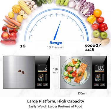Розумна кухонна вага з підрахунком калорій та Bluetooth: відстежує 20 поживних речовин, точність 1 г, функція тари, для схуднення, фітнесу та підготовки їжі