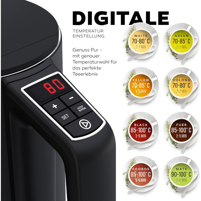 Електричний чайник BALTER з регулюванням температури, 1.5L, 2200W, білий/чорний, нержавіюча сталь, подвійні стінки, BPA free, бездротовий