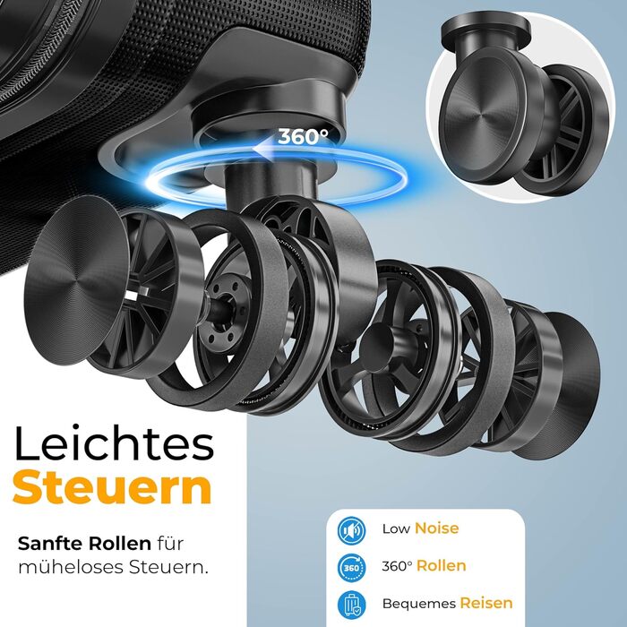 Набір валіз KESSER з 3-х предметів, ABS пластик, жорсткий корпус, з кодовим замком, вагами для багажу та дорожньою сумкою, колеса 360°, чорний