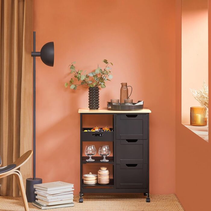 Сервізний візок SoBuy з колесами - кухонний візок з 2 знімними полицями та 1 підносом - додатковий візок на колесах для кухні, вітальні, їдальні - чорний, 68x85x38 см, до 50 кг, МДФ, FKW79-SCH