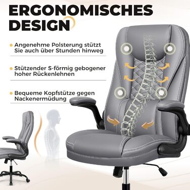 Ергономічне офісне крісло DoChair з функцією гойдалки 135, регульоване по висоті, з підголівником і підлокітниками (сірий)