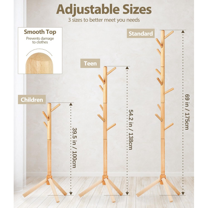 Підставка для одягу з бука, 9 гачків, 3 рівня висоти, білий колір, дерев'яна