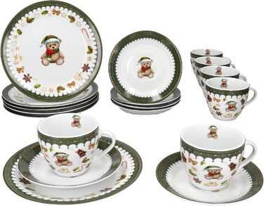 MamboCat Friend - 18-ти частинний чайний сервіс для 6 осіб | Керамічний сервіс з ведмедиком, будиночком з імбирного пряника та іншими новорічними мотивами | Тріо з чашками, блюдцями та тарілками | Ідеальний для святкування Різдва