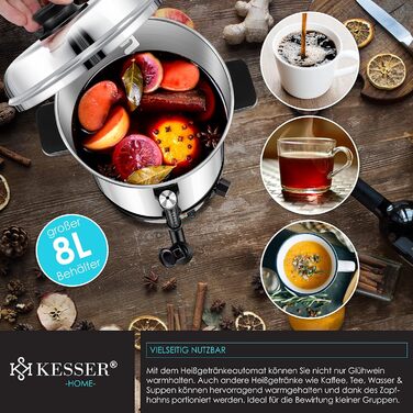 Глювайновий котел KESSER® 8L з нержавіючої сталі: котел для глінтвейну з термостатом, 10 склянок, дисплей рівня, кран, сріблястий