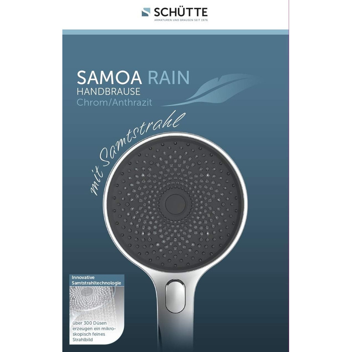 Ручний душ SCHTTE 60955 SAMOA RAIN з технологією оксамитового розпилення, душова лійка з більш ніж 300 струменями і 3 регульованими типами розпилення, антинакипна лійка для душу, хром (хром)