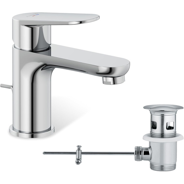 Змішувач для ванної кімнати KLUDI-X1 з витяжним зливом, висота виливу 75 мм, водозберігаючий кран, розмір S, керамічний картридж, для раковини, з підвідними шлангами, хром S