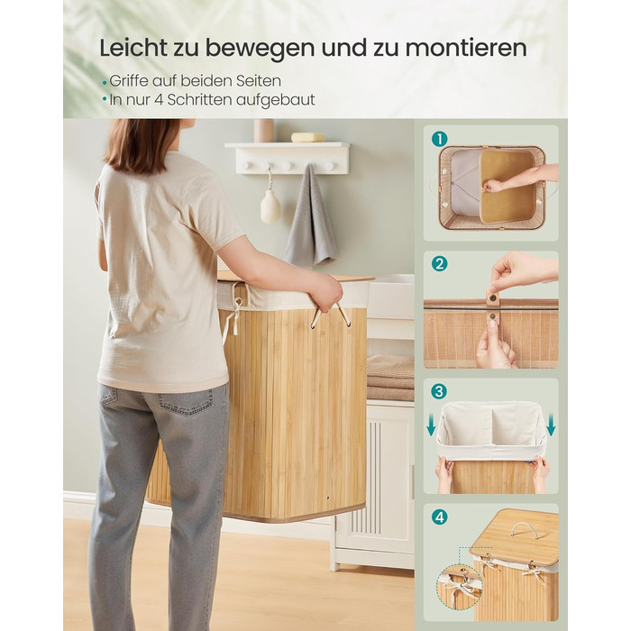 Кошик для білизни SONGMICS з кришкою, 2 відділення, 120 літрів, бамбук, складний, знімний мішок для прання, з ручками, для ванної кімнати, спальні, натуральний колір