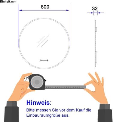 LED дзеркало для ванної кімнати EMKE, діаметр 80 см, з підсвічуванням, сенсорне керування, проти запотівання, годинник, температура, регулювання яскравості, пам'ять, нейтральне світло, чорний каркас